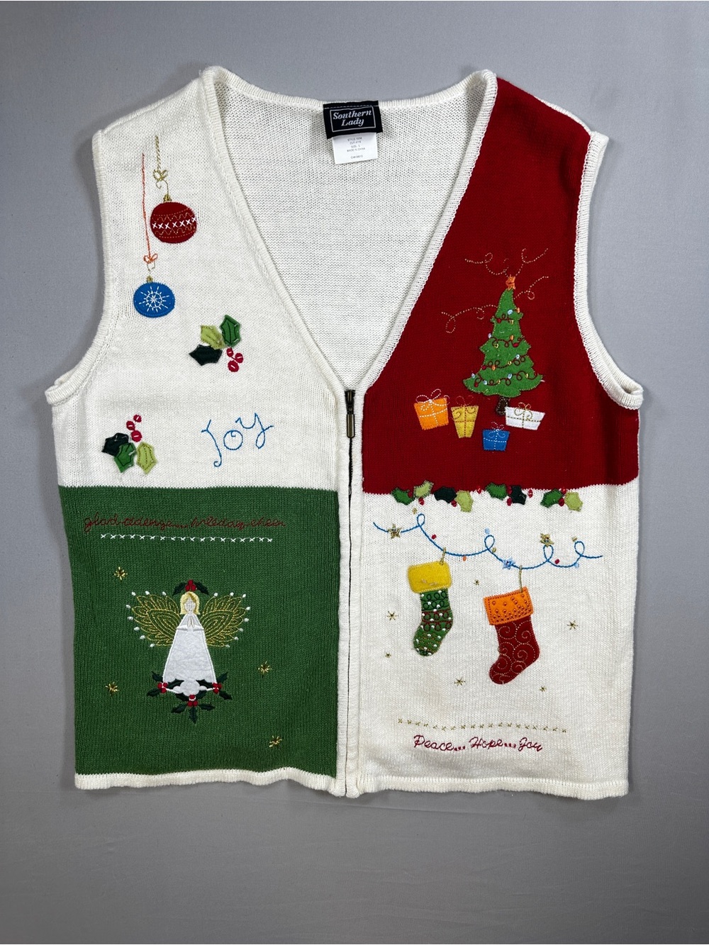 Southern Lady Women\'s White Red Green Holiday Christmas Vest Sweater Size L